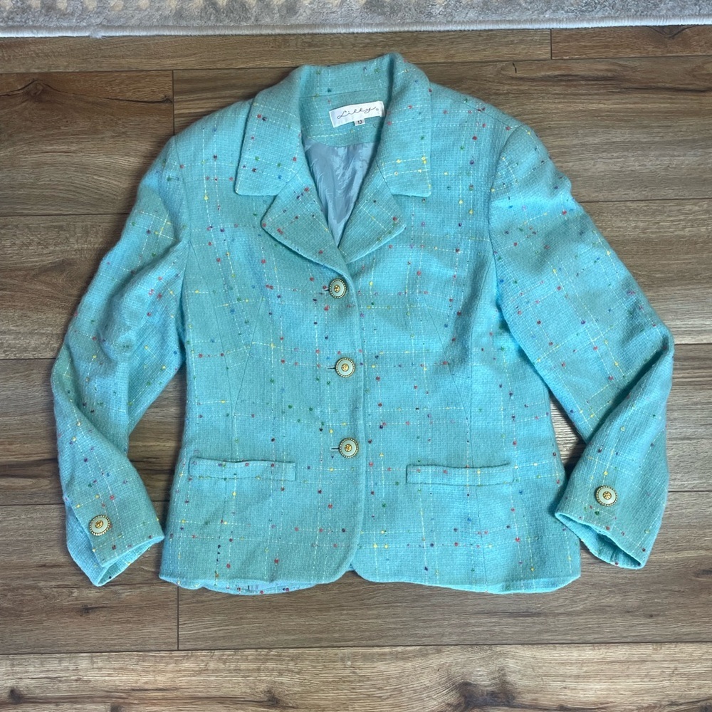 vintage Lilly Pulitzer blazer light-blue turquoise wool jacket, fleck pattern - Picture 2 of 13